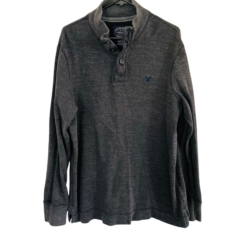Y2K American Eagle Henley Sweatshirt Ribbed Charcoal Gray Mock Neck Mens XLT